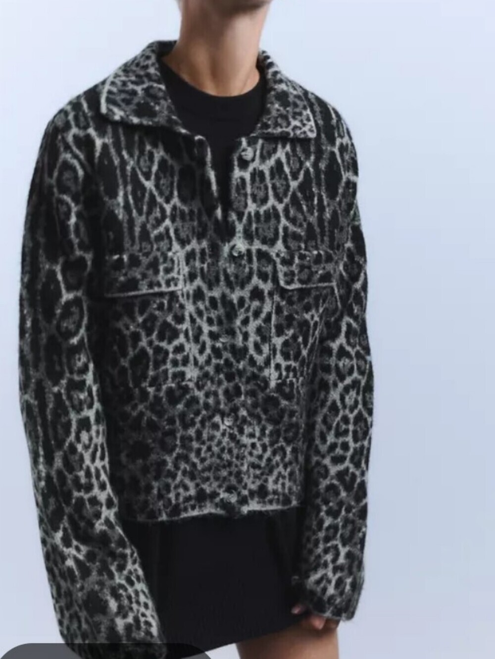 NWT Zara Black & Gray Leopard-Print Cropped Button Down Knit Jacket Medium